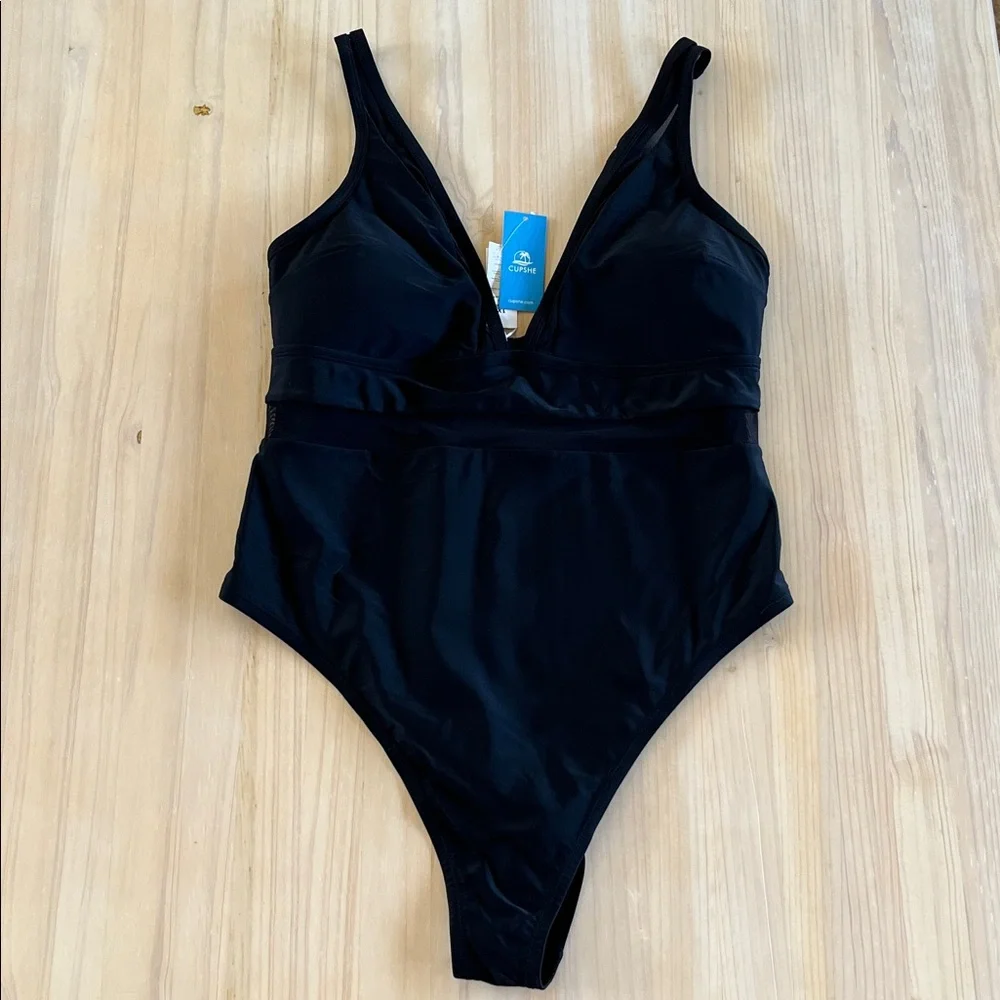 Cupshe Tummy Control Mesh Sheer V Neck Adjustable‎ Wide Straps Cheeky One Piece